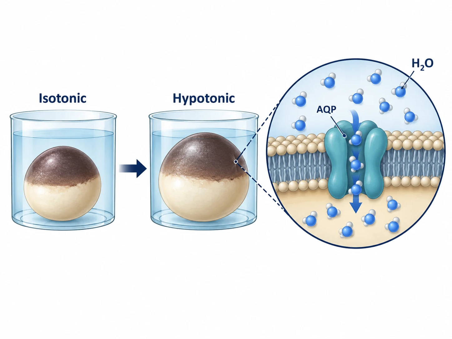 低渗条件下，水通过 Aquaporin 内流，引起卵母细胞溶胀。